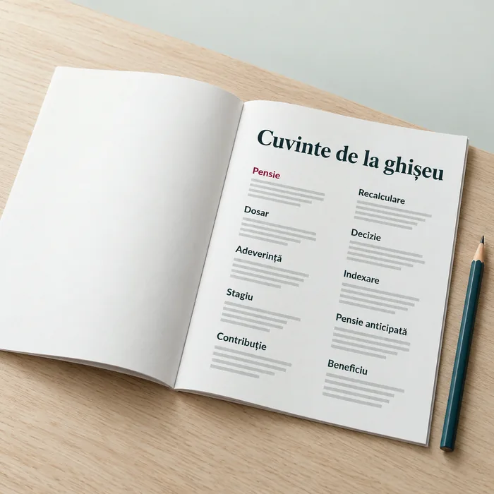 Cuvinte de la ghișeu: un caiet mic deschis la pagina de glosar