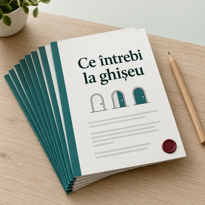 Fișele tipărite „Ce întrebi la ghișeu”, așezate în evantai, lângă un creion