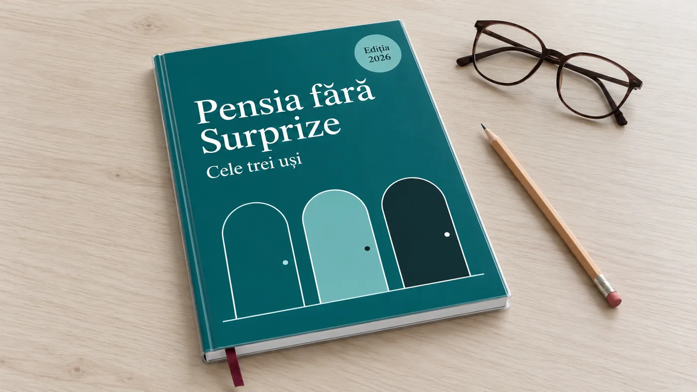 Ghidul tipărit „Pensia fără Surprize”, cu coperta verde și sigiliul Ediția 2026, pe un birou din lemn, lângă ochelari și un creion